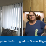 Two image collage with text overlay at bottom. Photo at left: resident smiling while closing new window blind. Photo at right: resident standing in front of new kitchen cabinets with stove at far right. Text reads: "MPHA Completes $10M Upgrade of Senior High-Rise"