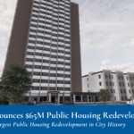 Rendering of a high-rise apartment building for a street view. Text overlay a t bottom reads: MPHA Announces $65M Public Housing Redevelopment, Project Will be Largest Public Housing Redevelopment in City History