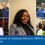 Collage of images of groups of professionally dressed people and one main image of a woman in professional attire smiling, with a banner reading "From Receptionist to Assistant Director: MPHA’s Tamika Baskin"