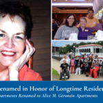 A collage features a smiling woman, a group at a dinner table, and a large group posing by a riverside path with a boat in the background.
