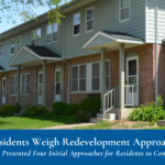 A row of two-story townhouses with a sign reading, "Glendale Residents Weigh Redevelopment Approaches. MPHA Staff Have Presented Four Initial Approaches for Residents to Consider."