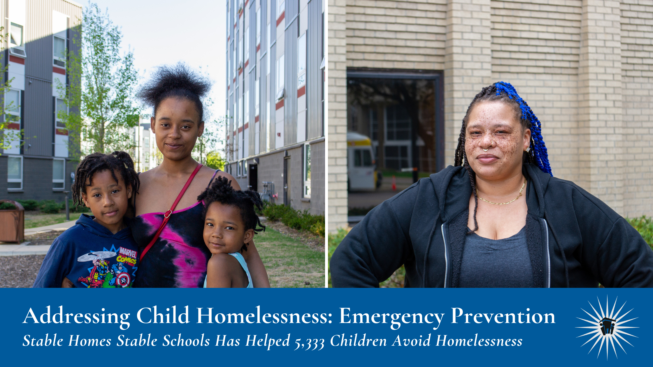 Two images side-by side: the first image shows a woman with two children outside an apartment building, and the second image shows a woman standing against a brick wall.