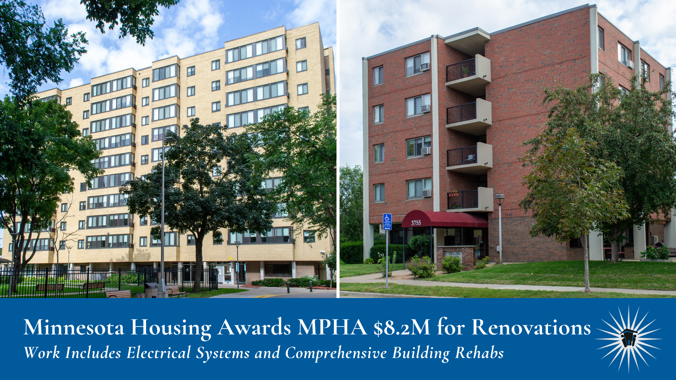 Two mid-rise apartment buildings: one beige with multiple windows and trees in front, the other red brick with balconies and a maroon awning at the entrance.