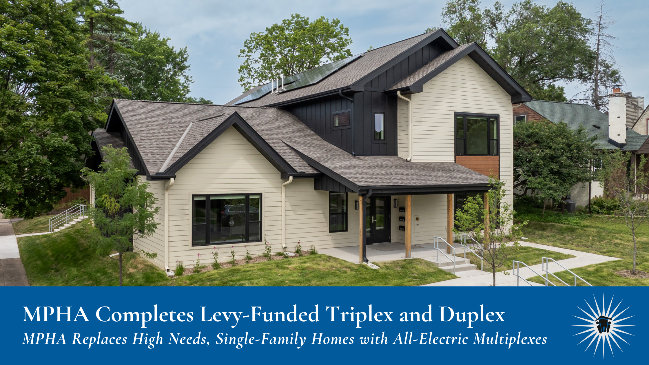 Modern two-story triplex with beige and black exterior, accessible ramps, and landscaping.